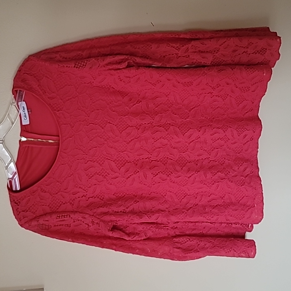 CALVIN KLINE Blouse Red Bell Sleeves Lace sheer Exposed zipper  Accent Zip  SZ M